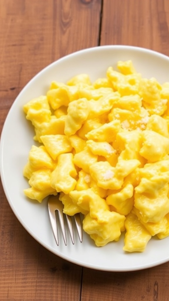 Fluffy scrambled eggs on a white plate, garnished with salt, on a rustic wooden table.